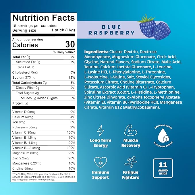 LivPur Electrolyte Drink Mix, Instant Hydration Powder with Vitamin C, B6, B12 & Essential Amino Acids for Muscle Support & Immune Health, Sports Essentials, Blue Raspberry Flavor, 15 Stick Packs