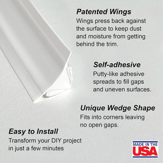 InstaTrim The Original Flexible Trim - 50ft White 3/4" Wide Caulk Tape - Adhesive Trim with Many Uses Including Caulking for Bathtubs, Sinks, Counters, Tile, Floors - Made in USA