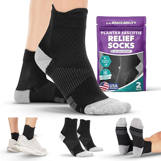 BraceAbility Plantar Fasciitis Socks - Ankle Compression Socks for Foot Pain Relief, Heel Spurs, Achilles Tendonitis, Full-Toe Arch Support Sleeve Socks for Women and Men (1 Pair - S)