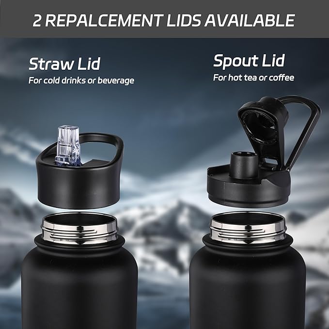 HASLE OUTFITTERS 32oz Stainless Steel Water Bottle, Vacuum Insulated Double Walled Leak Proof Sports Water Bottle with 2 Lids (Straw and Spout Lid) Thermo Mug Keep Cold and Hot(Black Gray Gradient,1)