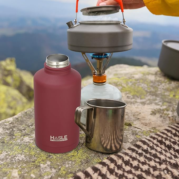 HASLE OUTFITTERS Half Gallon Insulated Water Bottles 64 oz, Stainless Steel Metal Water Jug with 2 Lids Keep Cold 48h/Hot 24h, Leak Proof & BPA-Free Water Flask Jug(Brick Red,1)