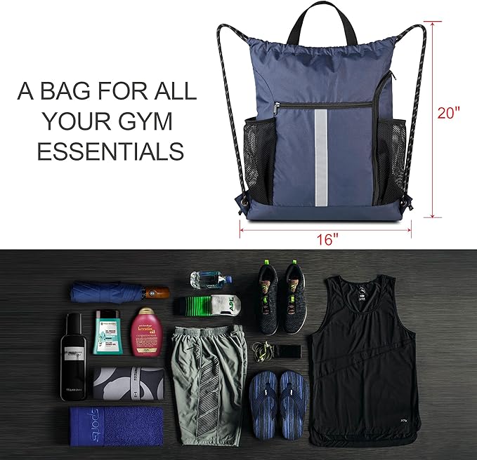 BeeGreen Gym-Drawstring-Backpack-Bag With Shoe Compartment and Two Water Bottle Holder Large String Backpack Sports Bag Athletic Sackpack For Men Women