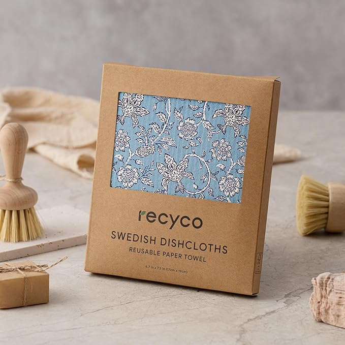 RECYCO Swedish Dishcloths for Kitchen | 6 Pack Heritage Florals Blue Washable Dish Rags | Cellulose Reusable Cleaning Paper Towels | Absorbent Counter Dish Cloth Sponge Kitchen Wipes, 8" L x 7" W