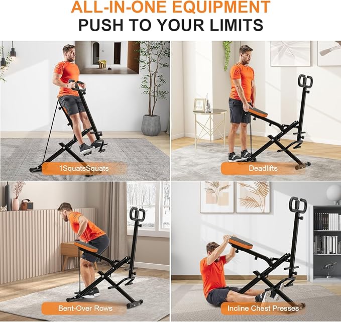 Squat Machine, Ab Workout Equipment, 265lbs Loading Capacity Rowing Machines for Home Foldable with Adjustable Resistance Bands and Display, Exercise Trainer for Botty Butt Thighs