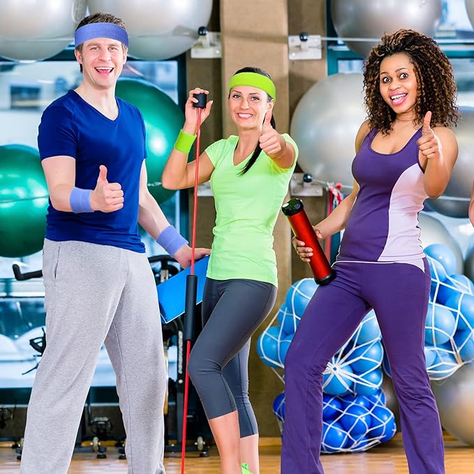 24 Pieces 80s Neon Sweatbands Set, Include 8 Sports Headbands and 16 Sweat Wristbands Elastic Athletic Tennis Sweat Bands Bulk for Man Woman