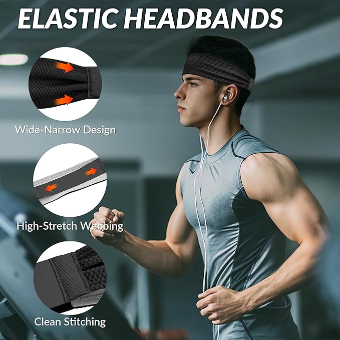 Sukeen Sports Headbands for Men, Moisture Wicking Sweat Bands Headbands Non-Slip, Breathable Elastic Sweatband, Running Headband for Yoga, Tennis, Fitness Workout