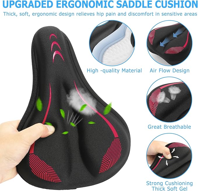 Gel Bike Seat Cushion, Soft Gel Padded Bicycle Seat Cover for Men & Women Comfort, Extra Padding Cycle Seat Cushion for Peloton, Stationary Exercise Bike, Beach Cruiser, Ebike, MTB, Road Bicycle