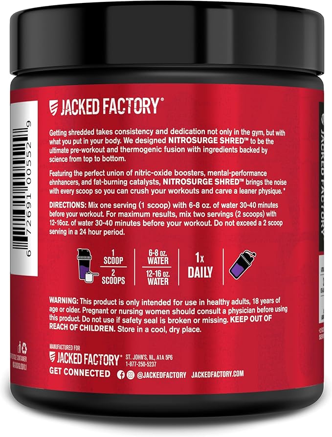 Jacked Factory NITROSURGE Shred Pre Workout Supplement - Energy Booster, Instant Strength Gains, Sharp Focus, Powerful Pumps - Nitric Oxide Booster - 30Sv, Grape Limeade