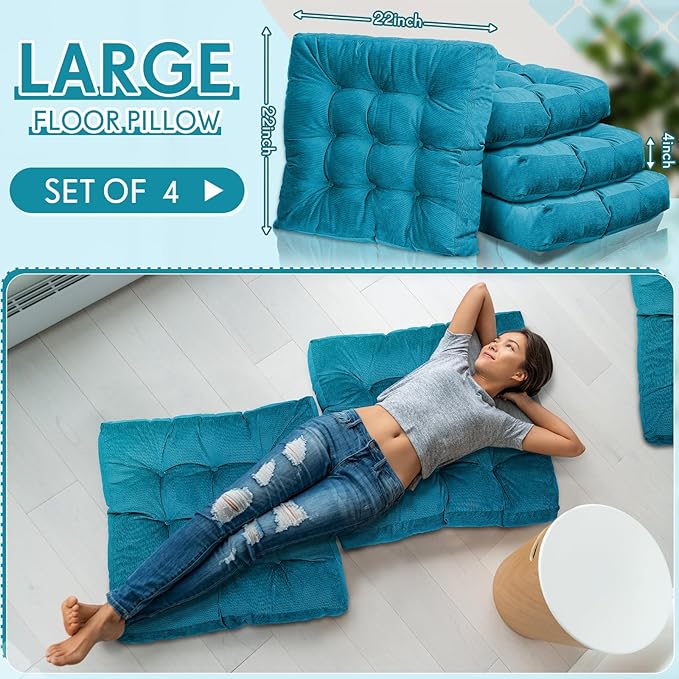 Jerify Floor Pillow Cushions 22 x 22 Inch Round Square Large Meditation Floor Pillow for Classroom Adult Meditation Picnic Party Cushion for Seating Gift Christmas(Square,Blue,4 Pcs)