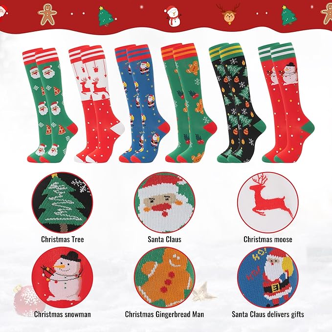 fenglaoda Compression Socks Women Men 6 Pairs, Knee High Best Support Circulation Socks for Running, Travel, Flight, Nurse