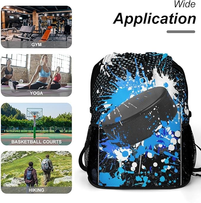 Hockey Drawstring Backpack - Cool Cinch Sack, String Backpacks with Pocket for Kids Women Men Boys Girls for Gym Outdoor Sports Travel Athletic Drawstring Bag - Lightweight/Foldable