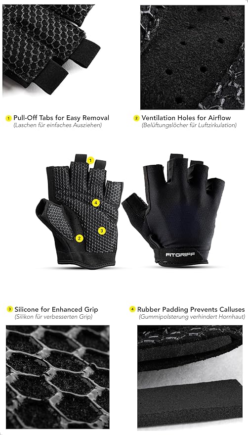 Fitgriff® Workout Gloves (Padded) for Men & Women - Fingerless Gym Gloves for Weight Lifting, Training - Full Palm Protection