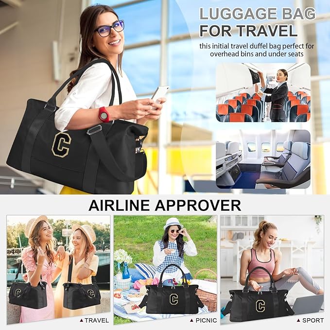 Dance Gym Duffel Bag for Teen Girls, Personalized Initial Travel Weekender Bag,Cute Overnight Carry On Duffle for Women,Sports Travel Cheer Bag,Monogram Christmas Gifts for Tween Preppy(black-C)