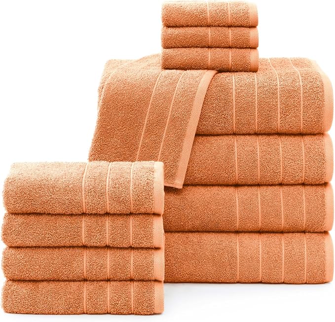 Casa Platino 100% Cotton Bathroom Towel Set - 12 Pc - Ringspun, Quickdry, Super Soft & Highly Absorbent - 4 Large Bath Towels, 4 Washcloths, 4 Hand Towel - Pre Shrunk & Fade Resistant - Peach Fuzz