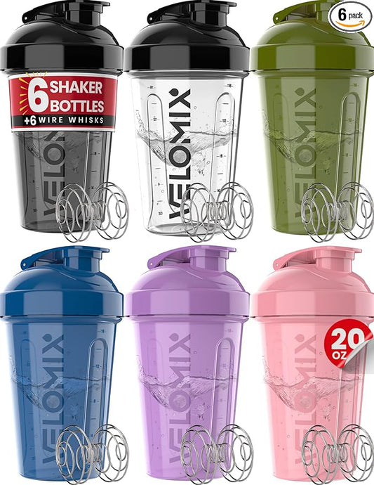 -6 PACK- Shaker Cups for Protein Shakes 20 oz - 6x Wire Whisk | Leak Proof Protein Shaker Bottle for Protein Shakes, Shaker Bottle Pack for Pre & Post Workout, Shaker Cup (Muted Contrast)