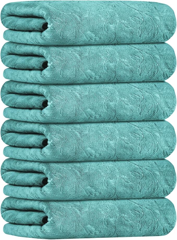 JML Microfiber Bath Towels, Bath Towel 6 Pack(30" x 60"), Oversized, Soft, Super Absortbent and Fast Drying, Multipurpose Use for Sports, Fitness, Yoga, Green-Floral Embossed