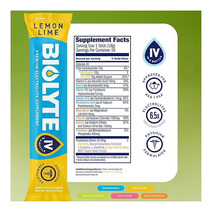 BIOLYTE IV Electrolyte Powder Packets, IV Liquid Drink Mix for Water, Doctor-Developed Hydration, HSA & FSA Approved Dehydration Relief, Chemotherapy Must Haves for Women & Men- Lemon Lime (16 Sticks)