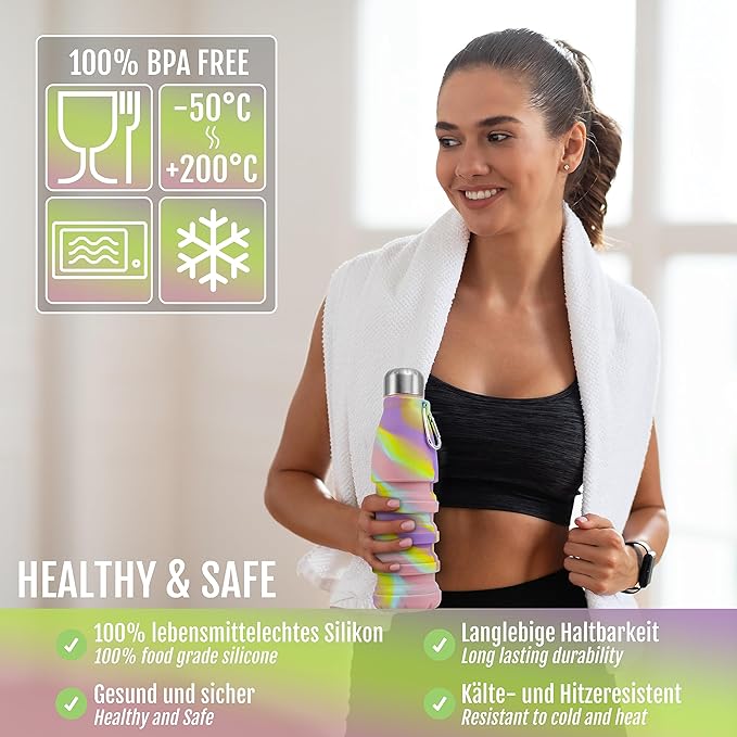 Foldable Drinking Bottle - BPA-free, leak-proof - Ideal festival accessory and practical outdoor companion with carabiner (Colorful)