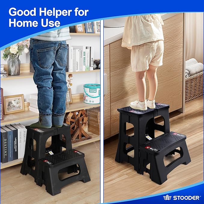 Folding 2-Step Stool - Upgraded Stable A-Frame, Safety Lock, Anti-Slip Rubber Feet, 300lb Capacity, No Assembly - 8" 17" Step Stools for Kitchen, Bathroom, Bed, RV, Home, Office (Black)