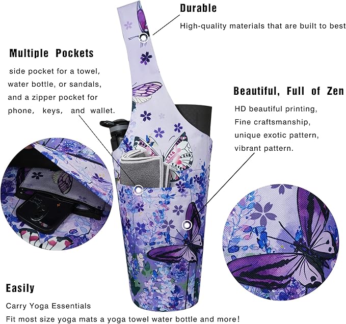 Fashion Printed Yoga Mat Bag with Large Side Pocket & Zipper Pocket Long Tote Yoga Bag Fit Most Size Mats - Holds More Yoga Accessories