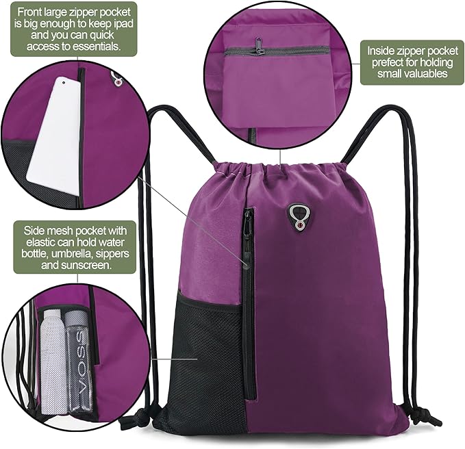 BeeGreen Purple Drawstring Backpack Gym Bag For Men & Women – Sports Sackpack with Mesh Water Bottle Holder & 2 Zippered Pockets – Large 16x20 Inch Cinch String Backpack