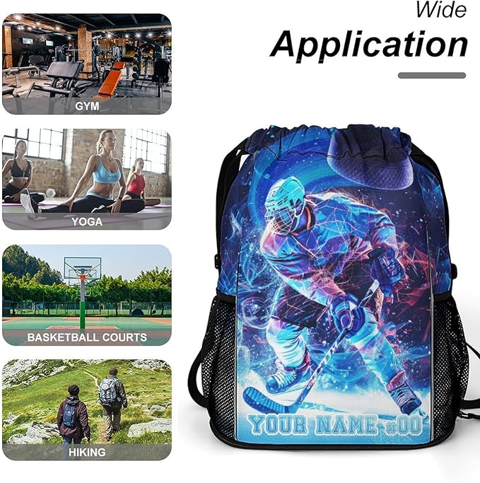 Custom Hockey Drawstring Backpack - Cool Cinch Sack, String Backpacks with Pocket for Kids Women Men Boys Girls for Gym Outdoor Sports Travel Athletic Drawstring Bag - Lightweight/Foldable