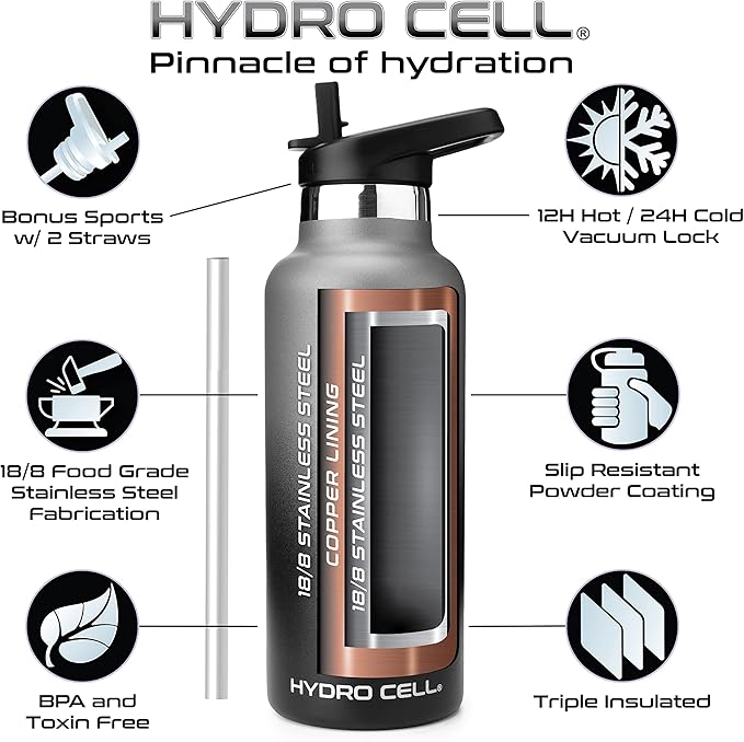 HYDRO CELL Stainless Steel Water Bottle with Straw & 2 Standard Mouth Lids (32oz 24oz 20oz 16oz) Keeps Liquids Hot or Cold w/Double Wall Vacuum Insulated Leak Proof Sport Design (Graphite/Black 20oz)