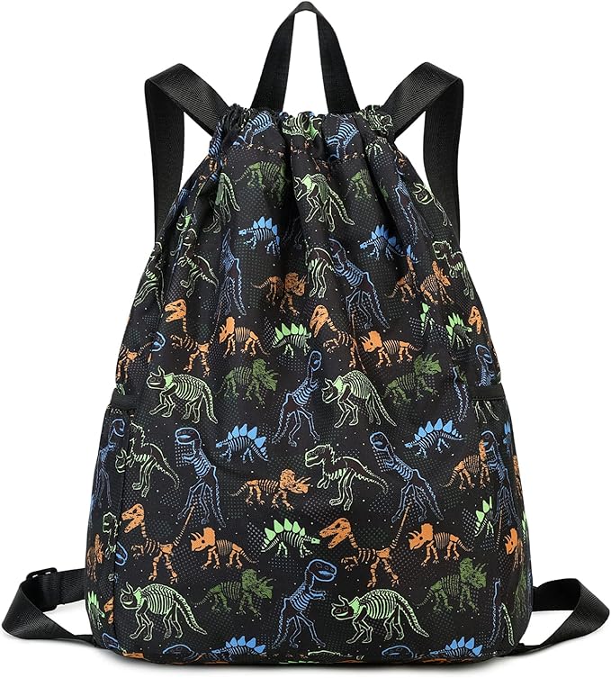 Dinosaur Drawstring Backpack Bulk for Kids Girls Boys Gym Dance String Bags Water Resistant Lightweight Colorful Skeleton Dinosaurs Black