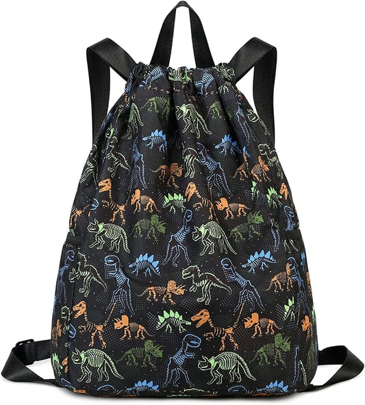 Dinosaur Drawstring Backpack Bulk for Kids Girls Boys Gym Dance String Bags Water Resistant Lightweight Colorful Skeleton Dinosaurs Black