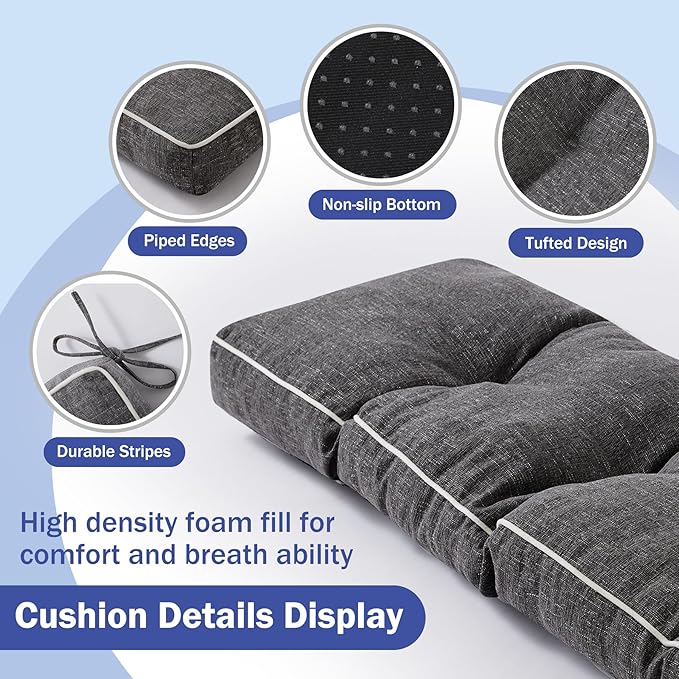 Bench Cushions for Outdoor Furniture, 42 x 16 Inch Outdoor Bench Cushion, Patio Bench Cushion with Durable Ties, Long Patio Seat Cushions for Garden, Indoor, Kitchen&Dining, Dark Grey