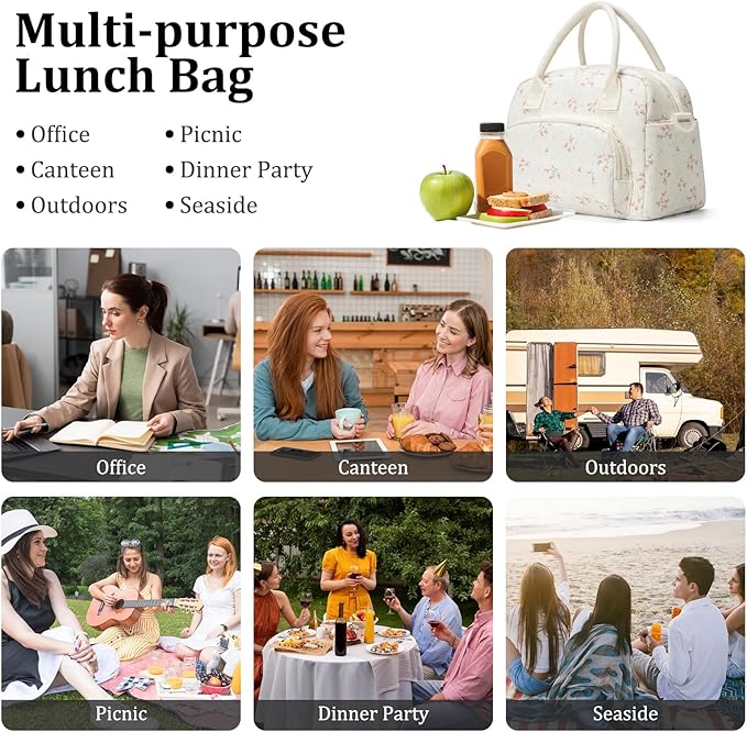 Insulated Lunch Bag for Women Men Large Reusable Lunch Box Adult Leakproof Portable Cooler Tote Bags for Work Picnic Peach Blossom