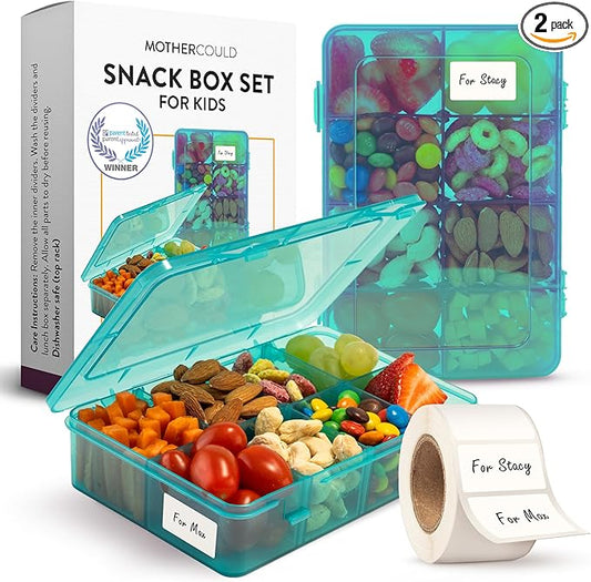 Snack Box Containers Set of 2-Reusable,100 Dissolvable Labels, 8 Adjustable Compartments, Dishwasher Safe, BPA-Free, Meal Prep Container, PARENT TESTED PARENT APPROVED AWARD (2 Pack) (Blue)