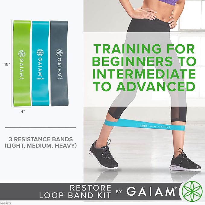 Gaiam Restore Loop Band Kit,Set of 3, Light, Medium,Heavy Lower Body Loop Resistance Bands for Legs and Booty Exercises & Workouts,15"x 4"Bands