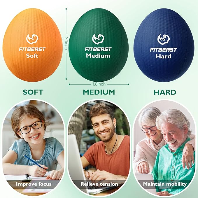 FitBeast Stress Balls for Adults, 6-Pack Hand Therapy Balls, Soft, Medium, Hard Tri-Density, Green, Orange, Blue