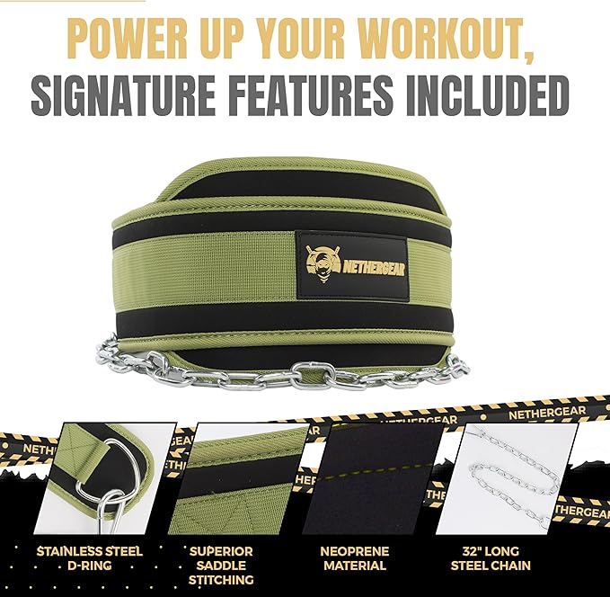 Dip Belt for Weight Lifting with 36” Heavy-Duty Steel Chain, Comfortable Neoprene & Strong Stitching, Weighted Belt Ideal for Bodybuilding, Powerlifting, Pull Ups & Squats