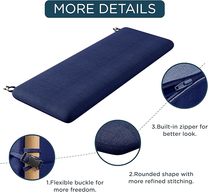 Codi Outdoor Bench Cushion for Patio Furniture 45x18x3 Inch – Linen Texture, Fade Resistant, Waterproof, Removable Cover, Comfortable High-Density Foam for Garden & Porch, Navy Blue