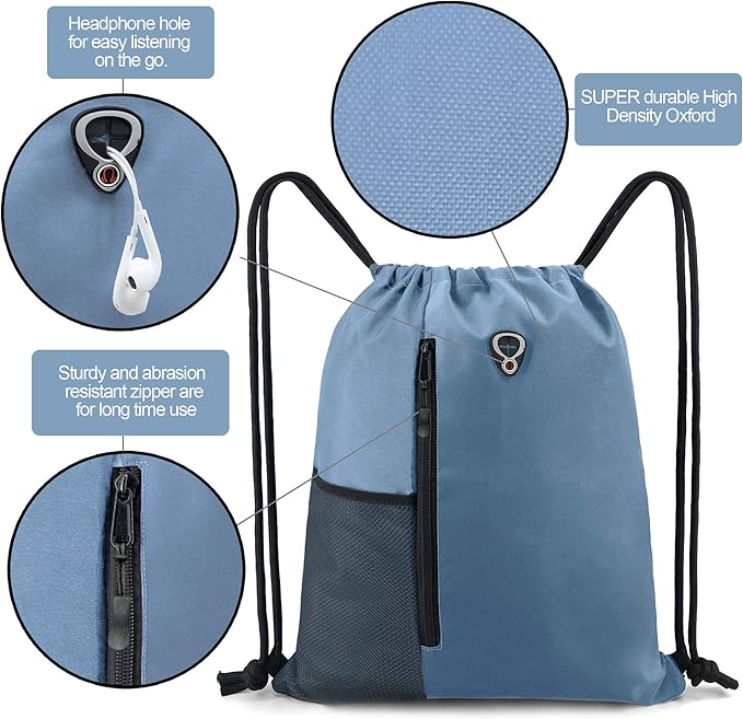 BeeGreen Blue Drawstrings Backpack Gym Sack For Men With Water Bottle Pocket &Front Zippered Pocket Large Sting Bags For WomenTraveling Yoga Beach Outdoor Gym