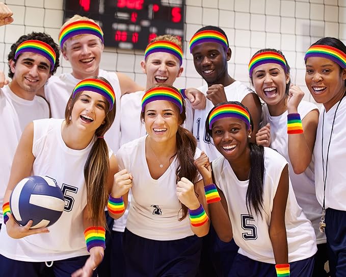 48 Pcs Football Sweatbands Bulk for Men Women Striped Sweatband Set, Include 16 Headband and 32 Wristbands Sports Neon Accessories for 80's Costume Party Athletic Gym