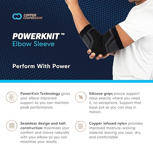 Copper Compression PowerKnit Elbow Sleeve - Seamless Elbow Brace for Men & Women - Pain Relief for Tendonitis, Tennis Elbow, Golfers, Weight Lifting - Fits Right or Left - 1 Sleeve - S/M