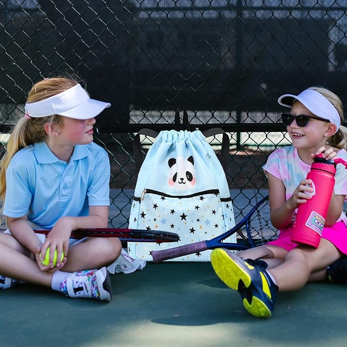 Drawstring Backpack for Kids - Panda Bags for Girls Mini Gym Dance Beach Swim Travel Bag With Two Water Bottle Holder Light Blue