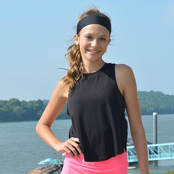 FROG SAC Sport Headbands for Girls, Adjustable No Slip Sweat Wicking Athletic Hair Bands for Women, Stretch Elastic Workout Headband with Velvet Grip for Yoga Running Exercise Gym (Black)