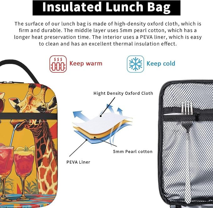 Giraffe Lunch Box for Women Men, Insulated Lunch Box Reusable Portable Lunch Bag Cooler Tote Waterproof Lunch Container for Office Picnic Work Travel