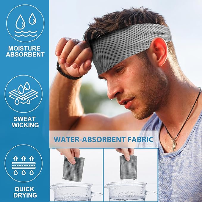 Sukeen Cooling Sports Headbands for Men: Instant Cooling Moisture Wicking Sweatbands Non-Slip, Quick-Dry Elastic Fabric Mens Headband for Gym Running Tennis Training Workout