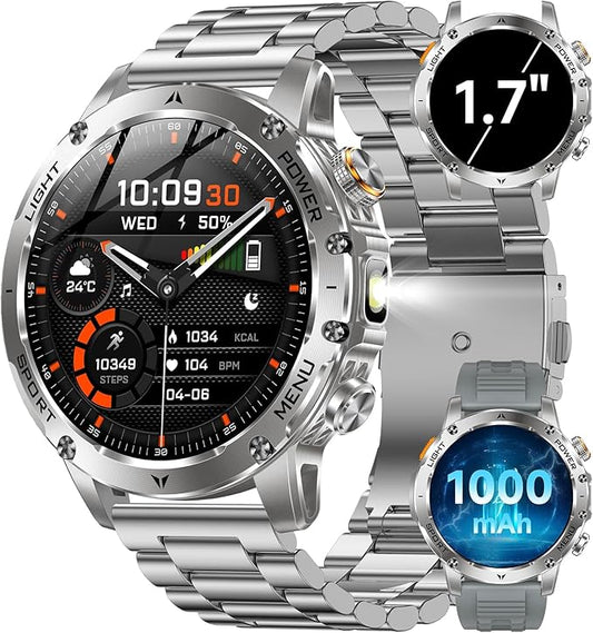 KPEP Military Smart Watches for Men, 1000mAh Battery/LED Flashlight/2 Straps/IP67 Waterproof Smartwatch, Stress/Blood Oxygen/Heart Rate/Sleep Monitor, Reminder, Fitness Tracker for iOS Android, Silver