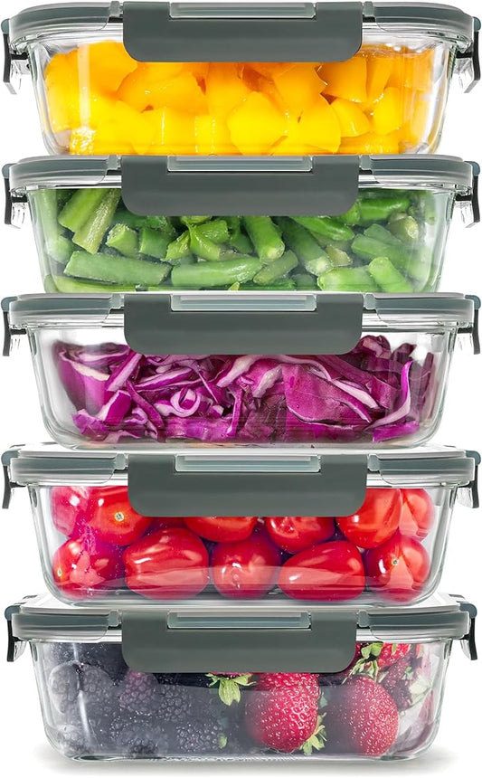 Zulay Kitchen 5 Pack Glass Meal Prep Containers with Lids - Airtight, Premium Borosilicate Glass Food Storage Containers - Microwave, Freezer & Oven Safe, BPA Free - Gray