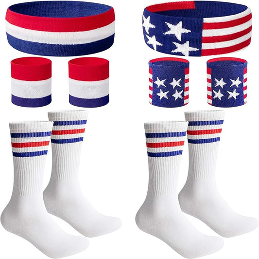 American Flag Sports Headband and Wristband- Striped Sweatband Set for Basketball, Football, Running, Gym, Exercise