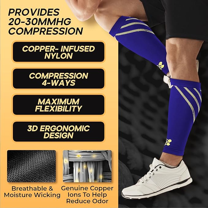 CopperJoint Running Calf Compression Sleeve Women – Easy-On Footless Calf Compression Sleeves for Men, Support Mens Leg Sleeves for Runners, Basketball, Sports, Copper Infused Nylon - Blue, Large