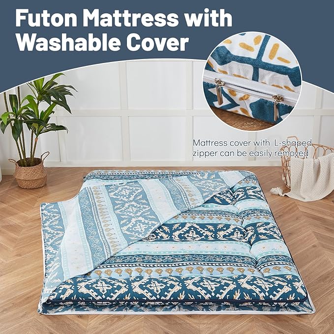Japanese Floor Mattress, Futon Mattress with Portable Storage Bag and Washable Cover, Roll Up Thick Tatami Mat Suitable for Camping, Guest Room (Blue Striped Jacquard, Full)