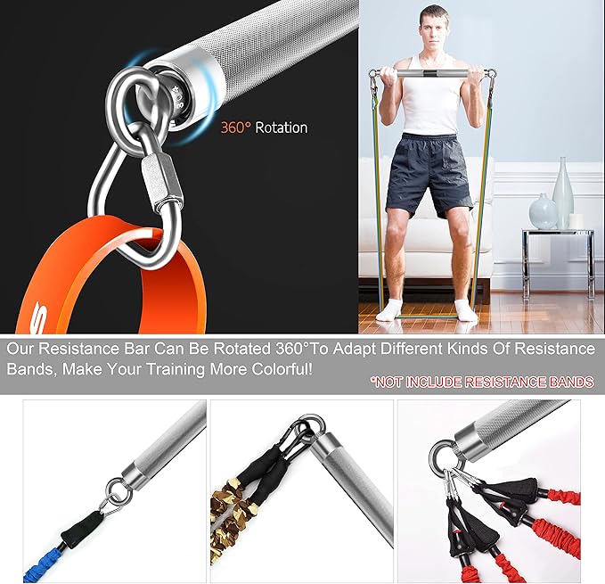 DASKING Detachable Resistance Bands Bar 30"/35.4"/38.5" Length Max Load 500LBS for Home Gym Full Body Workout Fitness Bar