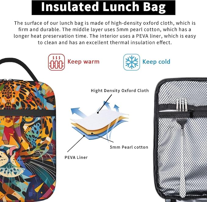 Colorful Leopard Face Pattern Insulated Lunch Box Gifts for Kids Adults Vibrant Cheetah Print Reusable Portable Lunchbox Cooler Lunchbag for Work Picnic School Travel or Hiking